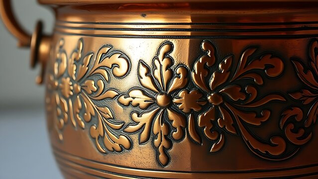 unstylish. Copper vessel with intricate Ottoman floral patterns, detailed metalwork close-up. event programs, museum guides, designed for cultural heritage projects and event programs.
