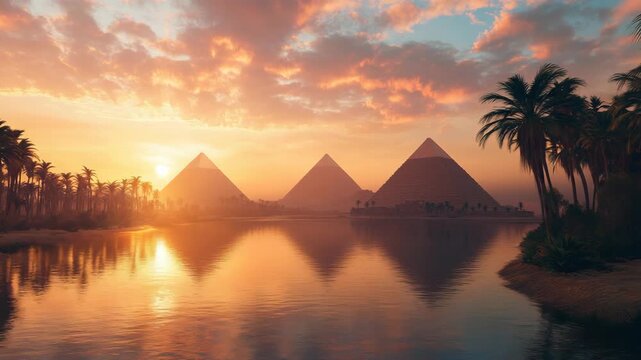 Egyptian pyramids at glowing pink sunset reflecting on Nile water with dramatic clouds, desert landscape illuminated by golden light, symbol history archaeology cultural heritage, ancient civilization