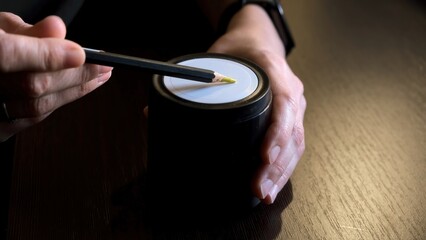 Female hand sticking pencil into automatic electric pencil sharpener and sharpening it close-up...
