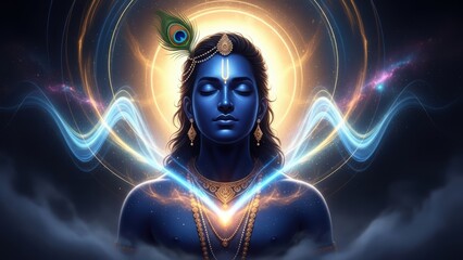 Serene blue-skinned divine figure with glowing halo and cosmic energy.