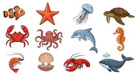 A vibrant collection of colorful cartoon illustrations featuring diverse sea creatures isolated on transparent background
