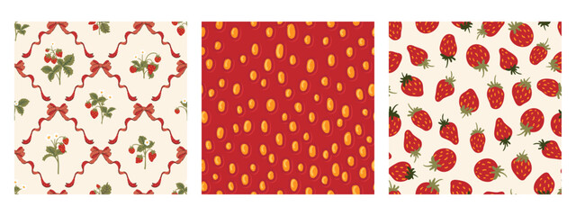 Vintage red green seamless pattern set strawberry polka dot print fabric wallpaper wrapping paper © Iryna