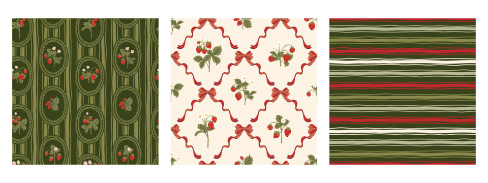 Vintage red green seamless pattern set strawberry polka dot print fabric wallpaper wrapping paper