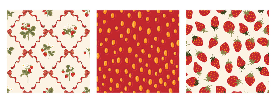 Vintage red green seamless pattern set strawberry polka dot print fabric wallpaper wrapping paper