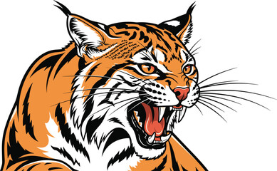 Fierce tiger with open mouth and intense eyes, stylized mascot design, flat vector illustration, white background