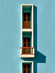 Fototapeta premium A blue architectural wall with a balcony in the center, natural light