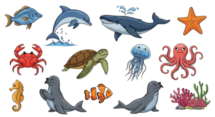 Colorful vector illustrations of diverse sea animals and marine life for educational resources isolated on transparent background
