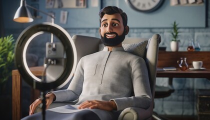 Cartoon man in chair smiles, illuminated by a ring light in front of a desk