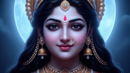 Portrait of a serene Hindu goddess adorned with ornate jewelry and halo.