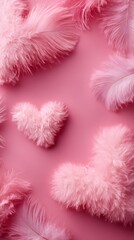 Soft pink feathers arranged in heart shapes on textured vertical background, Valentine's day concept