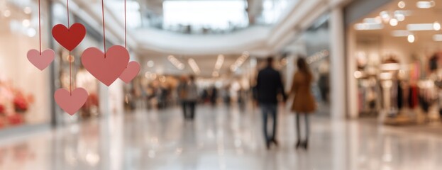Romantic couples walking hand in hand in shopping mall with hearts during Valentine's day 