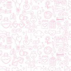 Fototapeta premium Pink Outline Valentines Day Seamless Doodle Pattern. Love Symbols, Calendar, Coffee. Rings, and Romantic Elements Repeating Backdrop Template. Vector Illustration. Not AI