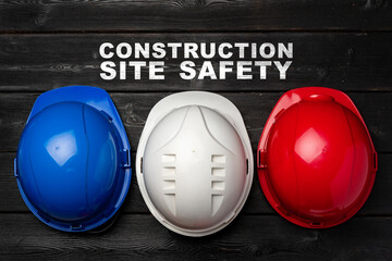 Safety helmets displayed for construction site safety awareness and protection measures