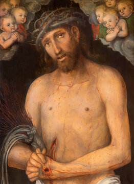 Vienna - Paint of Jesus Christ with the crown of thons (Ecce Homo) in the  church Rochuskirche by Emerich Betgthold (1937) as copy of Lucas Cranach (1537).