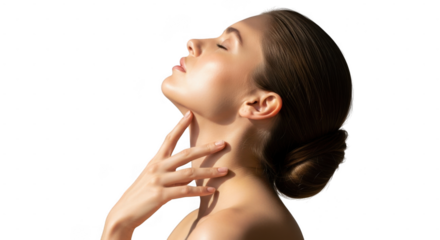 Woman touching her neck with a serene expression, showcasing smooth skin and a clean beauty look isolated on transparent background