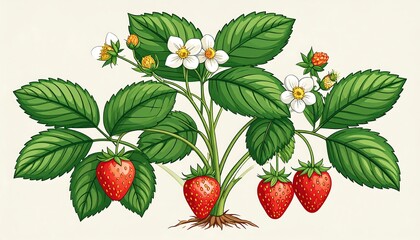 Strawberry plant with vibrant red berries, detailed green leaves, and delicate white blossoms on a light background