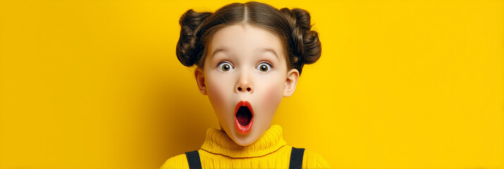 Portrait of happy excited amazed open mouth kid child girl look in copyspace isolated on yellow color background