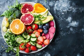A vibrant and colorful fruit salad featuring a variety of fresh fruits, including strawberries, blueberries, raspberries, and oranges, arranged on a plate with a dark background.