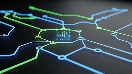 Global social network connection concept featuring a 3d digital world map illustration with blue technical data patterns for business communication and internet technology design