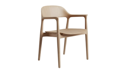 Minimalist light wood dining armchair features smooth curves and elegant Scandinavian design for modern interiors on transparent background