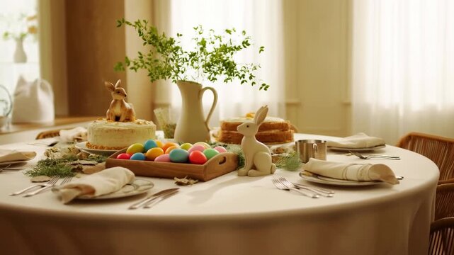 Festive easter table setting with painted eggs and bunny decorations