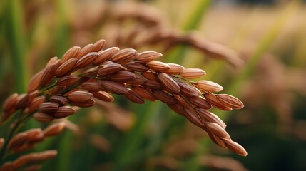 Naklejka premium Close up of ripe brown rice grains on a stalk illuminated by the warm glow of golden hour light during harvest