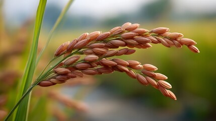 Naklejka premium Close up of ripening brown rice grains on a stalk in golden hour light