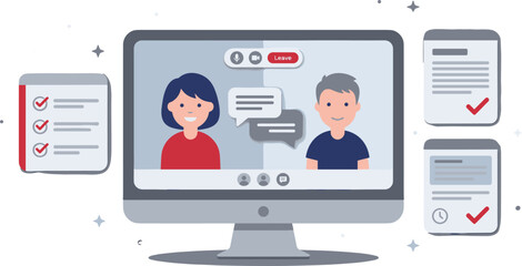 Online video meeting and task management concept with virtual communication, checklist workflow, remote collaboration, productivity, flat illustration