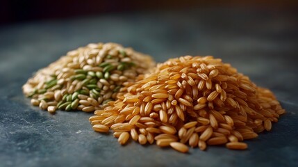 Obraz premium Close up of two distinct piles of natural raw grains one golden brown the other featuring green elements on a dark textured surface