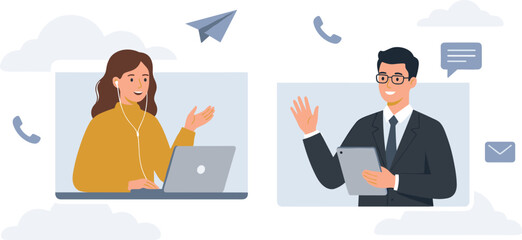 Remote business communication concept with professionals video calling, online meeting, digital collaboration, virtual discussion, modern flat illustration
