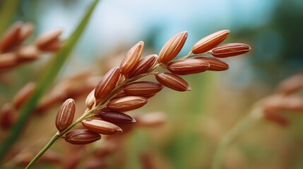 Naklejka premium Close up of a brown rice stalk with textured grains set against a soft natural blurred background highlighting organic agricultural beauty