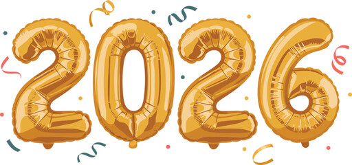 Happy new year 2026 golden foil balloons with confetti isolated on transparent background for celebration
