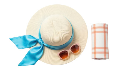 Stylish summer set with straw hat, sunglasses and towel isolated PNG, beach vacation accessories on transparent background