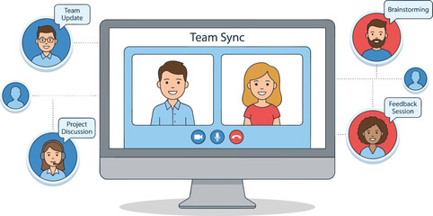 Virtual team sync illustration showing online meeting, project discussion, brainstorming, and feedback sessions representing remote collaboration and digital workplace communication