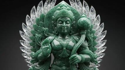 Intricately carved green deity sculpture with crystal halo.