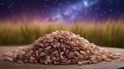 Obraz premium A pile of uncooked brown rice grains sits on a wooden surface against a backdrop of a starry night sky and a blurred field