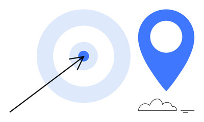 Target concept. A minimalistic ation of a target with an arrow and a location pin symbol. Target concept s accuracy, navigation, and strategy. Perfect for business, marketing, location services