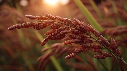 Naklejka premium Close up of a mature reddish brown rice stalk bathed in warm sunset golden light