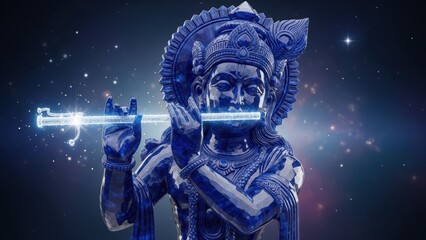 Blue deity statue playing a flute against a cosmic starry background.