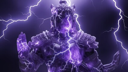 Armored warrior engulfed in crackling purple lightning storm energy.