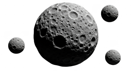 Three moons with craters floating in space, realistic black and white illustration of celestial bodies isolated on transparent background