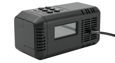 Fototapeta premium Compact matte black electric tire compressor with tactile controls on a transparent cyclorama, shot in a studio. Concept for automotive product advertising