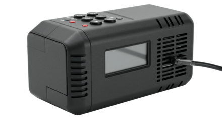 Compact matte black electric tire compressor with tactile controls on a transparent cyclorama, shot in a studio. Concept for automotive product advertising