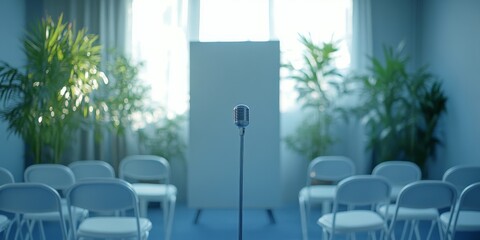 Vintage microphone standing in conference room ready for presentation