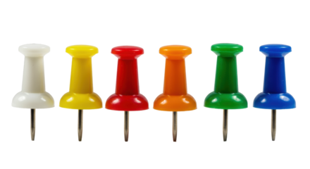 Seven colorful plastic pushpins in a straight row on a transparent background with copy space. Concept of organization and planning