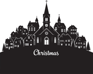 Fototapeta premium Silhouette of a Christmas village with a church and houses on a black background
