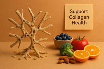 Supportive collagen health concept for fascia degeneration. brittle fiber structure with antioxidant food and nutrition, hopeful message for wellness and body care
