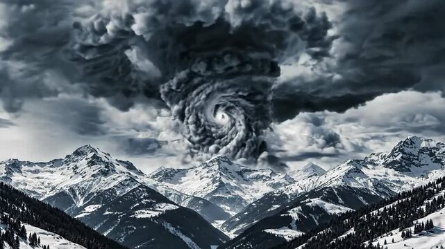 Descending storm swirl over snow covered mountains