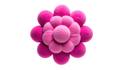 Pink fuzzy spherical flower pillow, top view. Soft, cuddly, with gradient of pinks. Isolated on a black background