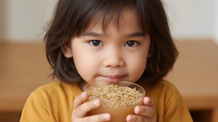 Naklejka premium A young child holds a glass containing brown rice and liquid looking directly at the